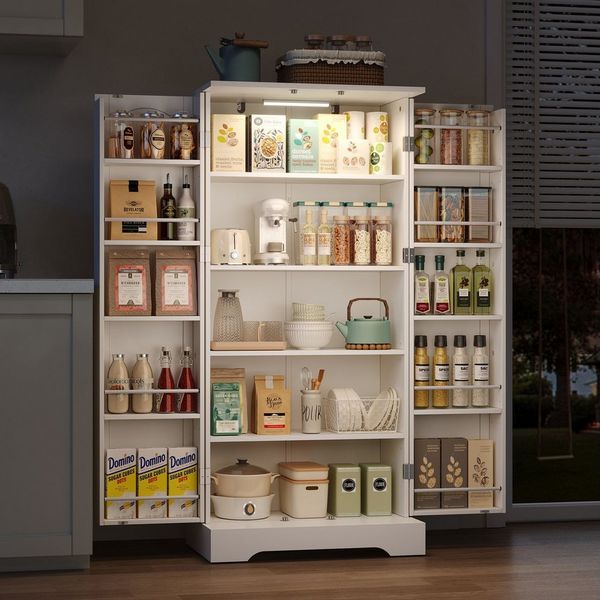 Flieks Hochschrank Küchenschrank mit LED-Sensorleuchte und verstellbaren Einlegeböden (B60/T35/H128 cm, 1-St, 1er Set) Speiseschrank mit Türablagen Mehrzweckschrank Holzschrank weiß