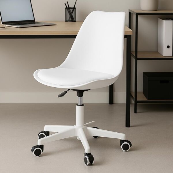BAKAJI Bürostuhl, ergonomisch, modernes Design, mit Verstellbarer Höhe und gepolstertem Kissen mit hoher Dichte, drehbarer Sitz mit Lenkrollen, ideal für zu Hause, Arbeitszimmer (weiß)