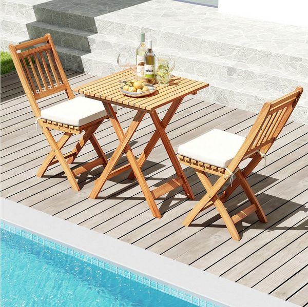 COSTWAY Balkonset, (3-tlg), Bistroset klappbar, mit Sitzkissen, Akazienholz