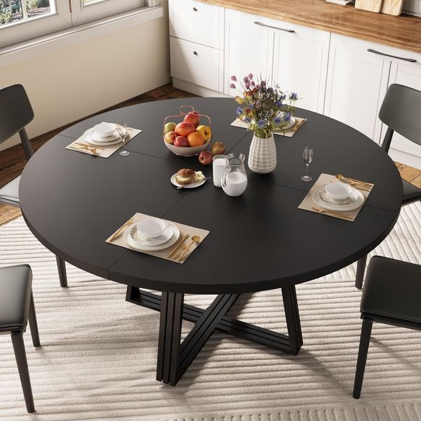 GarveeHome Runder Esstisch Für 4-6 Personen, 120 cm Langer Küchentisch Mit Stauraum, Esstisch Aus Holz Mit Stabilen Beinen Für Küche, Esszimmer, Wohnung,Schwarz