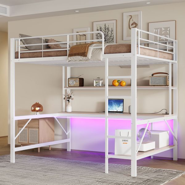 Hochbett 140×200 cm mit Rausfallschutz, Treppe, Schreibtisch und LED, Weiß, ohne Matratze
