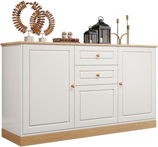 Sideboard mit 3 Türen und 2 Schubladen, Weiß + Holzoptik mit goldenen Griffen, für Wohn- und Esszimmer, B135.5 x H76 x T39 cm