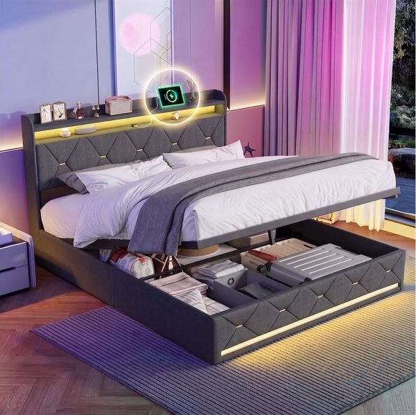 PXloue Polsterbett LED Doppelbett, Bettkasten, Ladefunktion, Leinen, 160x200 cm