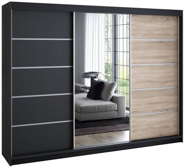 A&J MöbelLand GmbH Schiebetürenschrank VILUNO mit 4 Schubladen und Spiegel (nur für kurze Zeit! TOP ANGEBOT! Geräumiger Schrank mit einer Breite von 200 cm und Spiegel, ideal zur Aufbewahrung von Kleidung und Accessoires. 4 Schubladen und viel Stauraum...