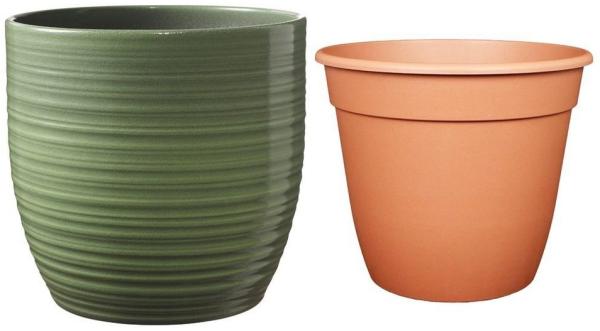 Heimwerkercenter Übertopf Set - Keramikübertopf Bergamo ø13 cm, blattgrün + Pflanztopf ø12