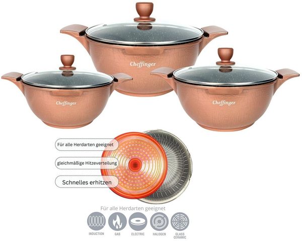 Kochtopf Kasserolle Topf Set 6-tlg mit Glasdeckel Cheffinger kupfer LC-01