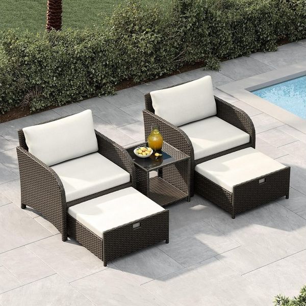 GarveeMore Gartenlounge-Set Terrassenmöbel mit Tisch,5 teilig Rattan Balkonmöbel Kleiner Balkon, Gartenmöbel Set Balkonset 2 Rattansessel mit Hocker,Outdoor Sitzgruppe
