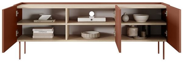 Lomadox Lowboard DELFT-141, in rot und Eiche, 170 cm breit, grifflos