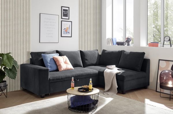 Ecksofa L-Form aus Cordstoff mit Schlaffunktion, schwarz (Black) – Liegefläche 147 × 207 cm, Breite 243 cm, Sitzhöhe 45 cm, Modell MIRA