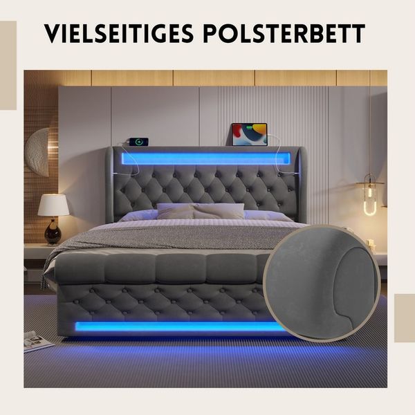 SeedWave Polsterbett Samt LED Hydraulisches Bett mit USB/Type-C Anschluss,90/140/160×200cm, Stauraumbett mit einstellbaren Lichtfarben