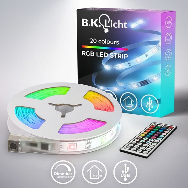 B.K.Licht - USB LED Strip 5m mit Fernbedienung, buntes RGB Licht, dimmbar, selbstklebend, LED Streifen, Leiste, Zimmer Deko, Gaming Deko, Band, Lichtleiste, Lichtband, 500x0,2x1 cm, Weiß