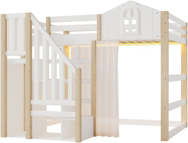 Bett 140x200 cm Hochbett mit LED-Beleuchtung und Stauraum, Weiß/Natur mit Gaze und Ablageleiter Bild 10