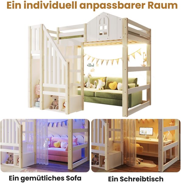 Bett 140x200 cm Hochbett mit LED-Beleuchtung und Stauraum, Weiß/Natur mit Gaze und Ablageleiter Bild 7