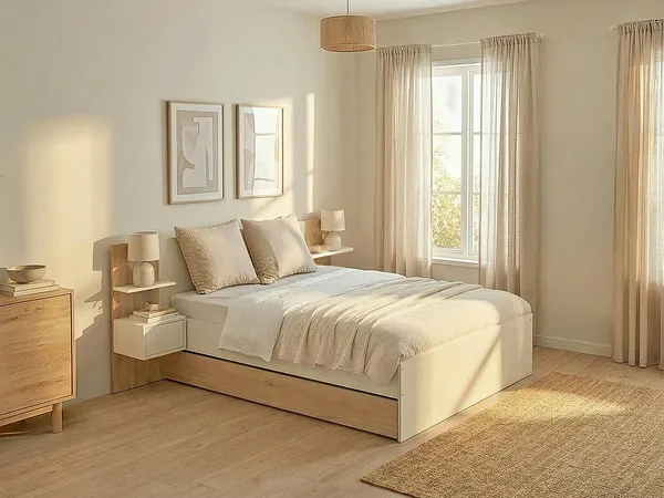 Vente-unique - KLYRANA Bett Holz, Platte BeigeWeiß - B 204,2 cm x H 85,4 cm x L 234 cm