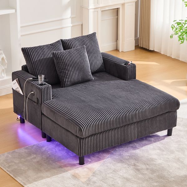 Chaiselongue-Liegesessel, Getränkehalter, USB, LED, Dunkelgrau