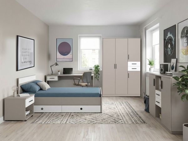 Jugendzimmer Bahamas Grau- Weiß mit Drehtürenschrank und verschiedenen Bettvarianten und Zusammenstellungen wählbar - 7 teilig , Kleiderschrank + Jugendbett + 2 Bettschubkästen + Nachttisch + Schreibtisch + Kommode