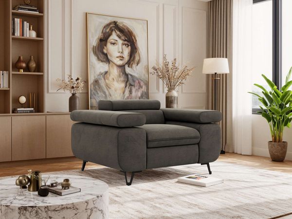 Einzelsessel, Polstersessel PETER mit verstellbaren Armlehnen und Kopfstütze, 1-Sitzer Sofa, Ohrensessel, Wellenfeder - Dunkelgrau Velvet