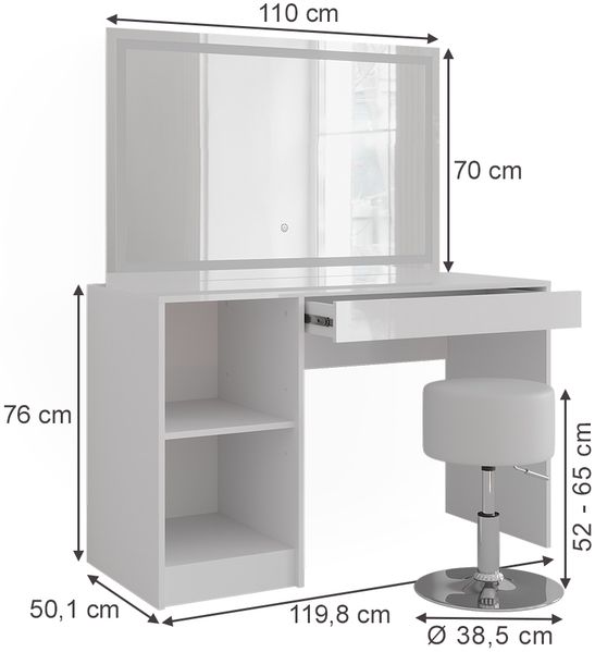 Schminktisch Sherry Weiß/Weiß Hochglanz 119.8 cm mit LED-Beleuchtung und Hocker Vicco Bild 2