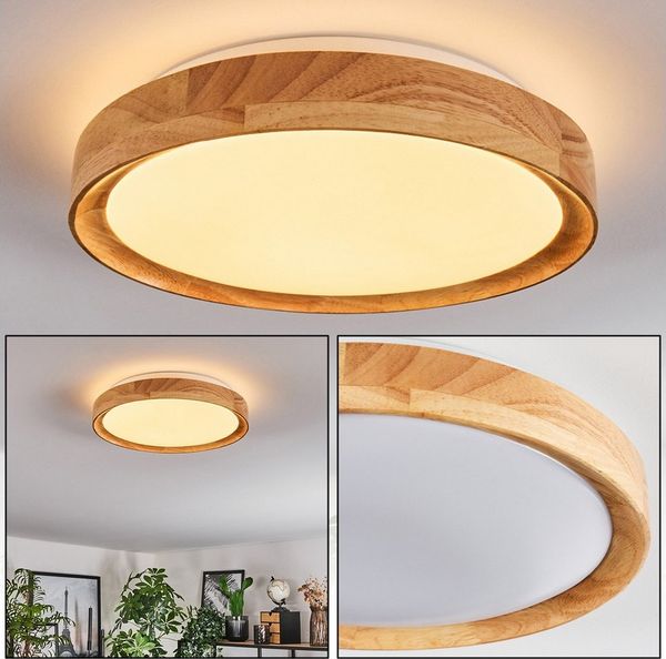 hofstein Deckenleuchte moderne Deckenlampe aus Metall/Bambus/Kunststoff in Weiß/Natur, LED wechselbar, 3000 Kelvin, Leuchte im angesagten Boho-Design (29, 5cm), 1700 Lumen, LED 16 W