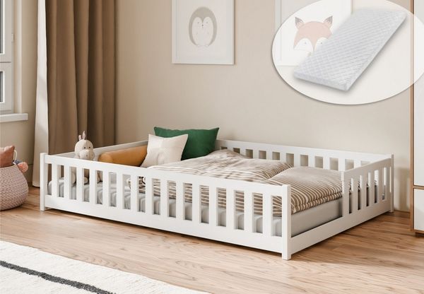 Kids Collective Kinderbett Bodenbett mit Rausfallschutz & Lattenrost Montessori Betten Kinder (Verfügbare Größen: 80x160, 80x180, 90x190, 90x200, 120x200, 140x200 cm), Jugendbett Einzelbett Kiefer mit Matratze Weiß 140x200 cm
