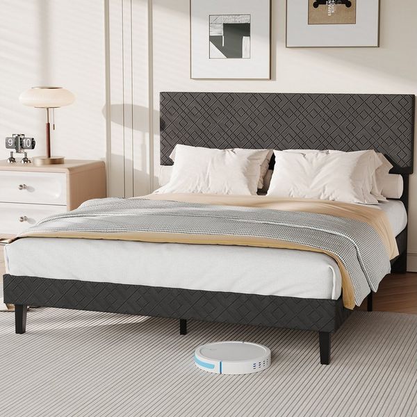 ADWOLT Polsterbett Doppelbett mit Kopfteil und Bettgestell (Packung, 1-tlg, Jugendbett), 160x200 cm,Die Höhe des Kopfteils ist verstellbar,Leinenstoff – Grau