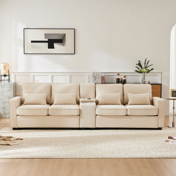 Modernes 4-Sitzer-Sofa aus Leinenstoff mit Konsole, 2 Getränkehaltern, 2 USB-Anschlüssen zum Aufladen mit Kabel, mit Armlehnentaschen und 4 Kissen, Beige