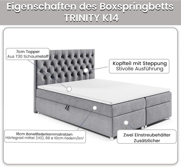 Best for Home Boxspringbett mit Bettkasten Trinity K-14 Bonellfederkern inkl. 7 cm Topper (140x200 160x200 180x200 200x200 cm), mit o. ohne Kopfteil, Flexible Liefermöglichkeiten, Handwerksqualität Bild 5