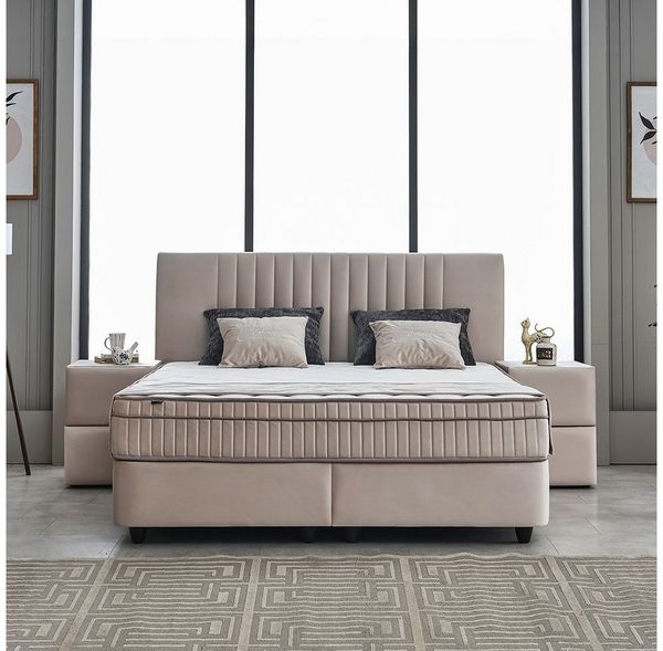 abc bedding Boxspringbett Komfortbett CLARA in Braun Beige Samt-Stoff (Bett mit Topper, inkl. Matratze und Topper), Voll-orthopädisches Schlafsystem inklusive Bettkasten