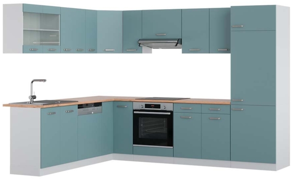 Eckküche R-Line Blau-Grau/Weiß 287 x 60 cm , AP Eiche Vicco