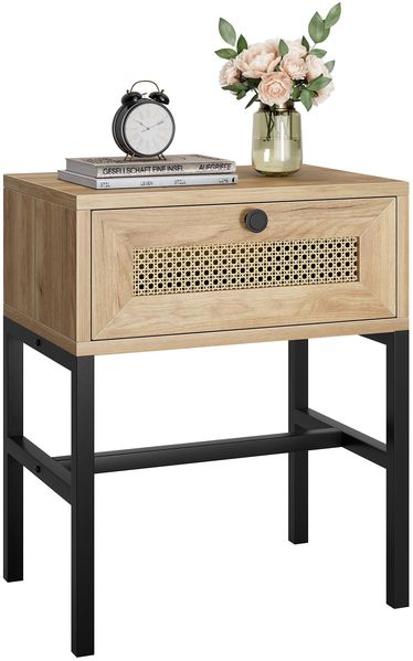 GarveeHome Rattan-Nachttisch, Beistelltisch Aus Holz Mit Schublade, Boho-Sofatisch Mit Metallgestell, Kleiner Beistelltisch Für Schlafzimmer, Wohnzimmer, Naturfarben