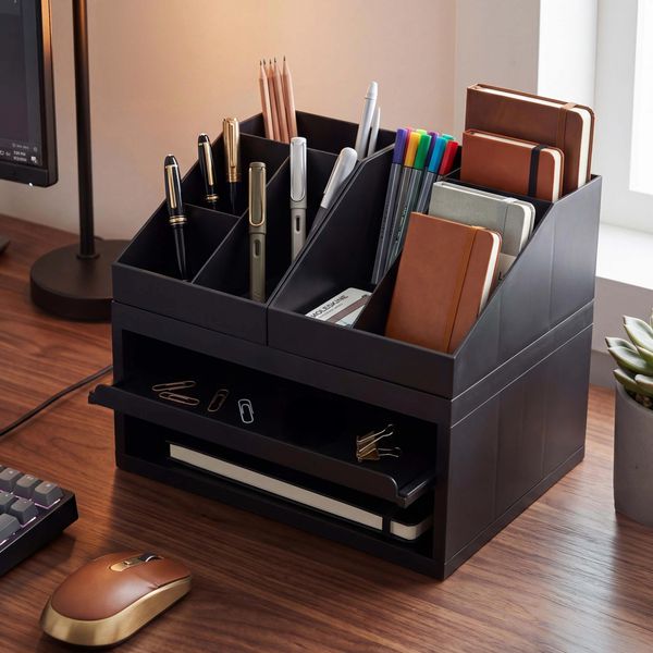 Schreibtisch Organizer HWC-Q74, Ordnungssystem 3-teilig Schubfach Tischablage Stifthalter Ablage, 29 x 35 x 26 cm ~ schwarz