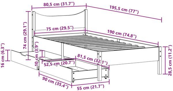 vidaXL Massivholzbett mit Schubladen Wachsbraun 75x190 cm Kiefer 3301931 Bild 11