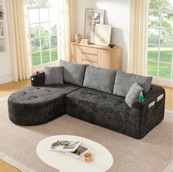 ANYSUN Ecksofa L-förmiger als Cloud Couch,Sofa Ecksofa, mit hitzebeständigem Edelstahl-Becherhalter sowie atmungsaktivem & strapazierfähigem Leinen, Modulares Sofa Set für kleine Wohnzimmer, Apartments und Büros
