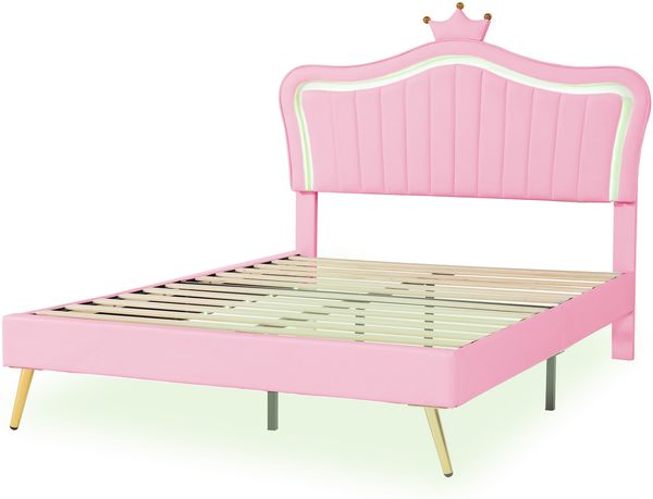 Kinder-Polsterbett 140×200 cm mit verstellbarem Kopfteil und LED-Beleuchtung, Rosa, ohne Matratze Bild 6