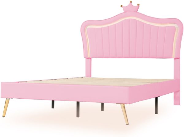 Kinder-Polsterbett 140×200 cm mit verstellbarem Kopfteil und LED-Beleuchtung, Rosa, ohne Matratze Bild 8