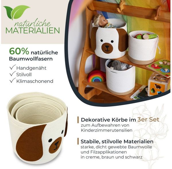 HMF Aufbewahrungskorb Aufbewahrungskorb mit versteckten Griffen (3er, Set), Korb für Kinderzimmer aus Baumwolle, Hund, Groß, Mittel, Klein