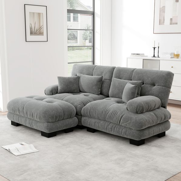 Ecksofa, Chenille, mit Ottoman, breiten Armlehnen & 4 Kissen, 220 x 145 x 81 cm, Grau