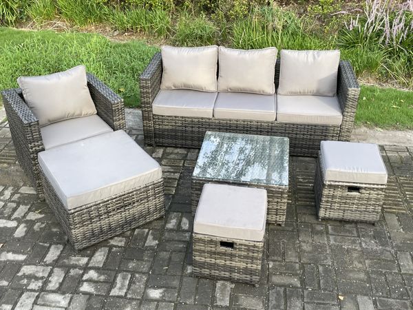 Fimous 6 PCS Lounge Sofa Set Wicker PE Rattan Gartenmöbel Set mit Sessel Quadratischer Couchtisch 3 Kleine Fußhocker Dunkelgrau Gemischt