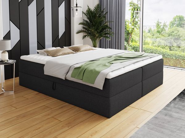 Boxspringbett Base mit 2 Bettkästen - Doppelbett mit Bonell-Matratze und Topper, Polsterbett, Freistehendes Bett (Schwarz (Inari 100), 160 x 200 cm)