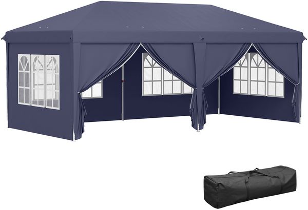 Faltzelt 6 x 3 x 2,7 m mit 4 Seitenwänden, 4 Fenstern, 2 Türen, 1 UV-beständiger Tasche und 12 Abflusslöchern – Blau