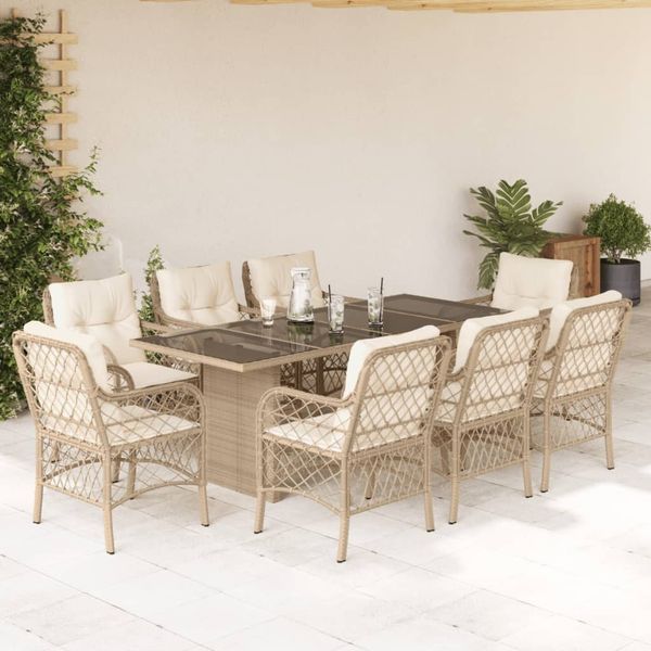 vidaXL 9-tlg. Garten-Essgruppe mit Kissen Beige Poly Rattan 3212063