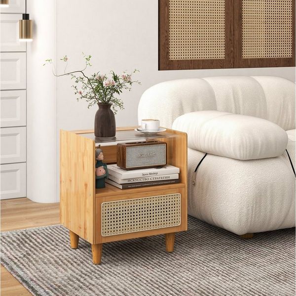 COSTWAY Nachttisch (1-St), Rattan Beistelltisch, mit Glastischplatte, aus Bambus
