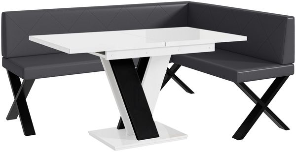 MEBLINI Eckbank für Esszimmer mit ausziehbarem Tisch - Küchenbank - Essecke - Sitzecke Küche - ERIC - X-Beine 128x168x87cm Rechts - Grau Kunstleder/M Weiß-Schwarz Hochgl.