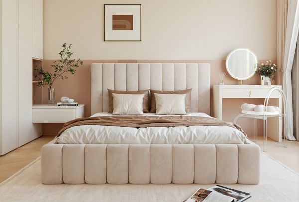 Goldstoff Polsterbett Luxuriöses Schlafzimmerbett IMPERIA mit elegantem Kopfteil & Stauraum (120–200x200 cm, Kopfteilhöhe: 90/110 cm, Seitenhöhe: 30 cm), Luxuriöses Bettgestell mit großem Stauraum und modernem Design