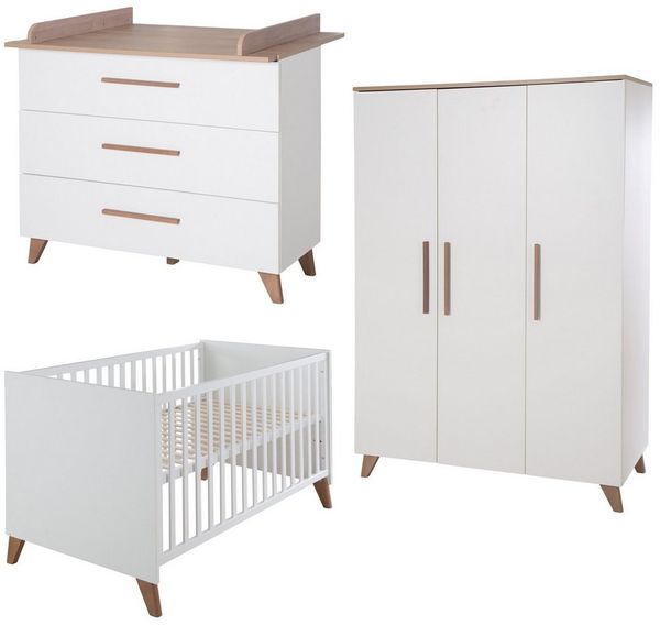 roba® Babyzimmer-Komplettset Lennie - Kinderzimmer Set - Weiß & Küsten Eiche - aus Holz, (4er- Set), moderne Scandi Optik - Griffe & Füße aus Massivholz - inkl. Matratze