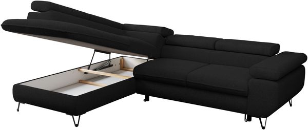 Mks Möbel 'Peter L-form' Ecksofa mit Bettfunktion, Bettkasten & einstellbaren Kopfstützen, Schwarz, Boucle, mit Topper, links Bild 5