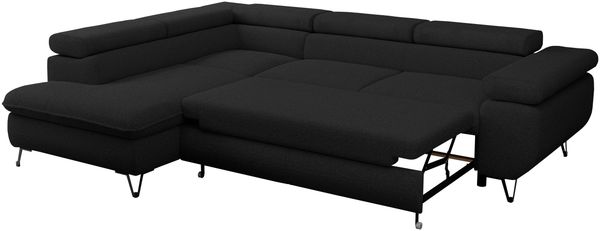 Mks Möbel 'Peter L-form' Ecksofa mit Bettfunktion, Bettkasten & einstellbaren Kopfstützen, Schwarz, Boucle, mit Topper, links Bild 6