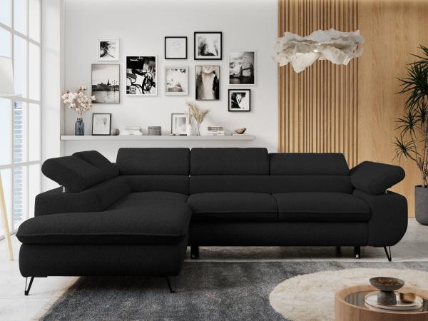 Mks Möbel 'Peter L-form' Ecksofa mit Bettfunktion, Bettkasten & einstellbaren Kopfstützen, Schwarz, Boucle, mit Topper, links