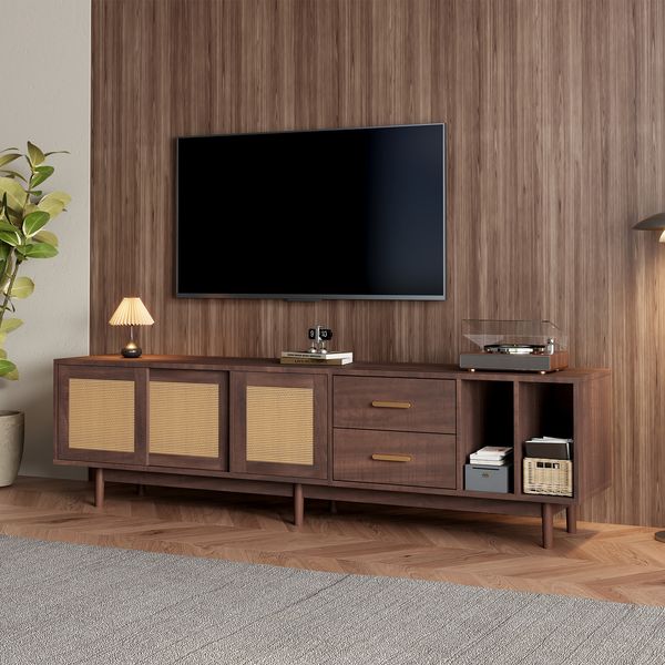 TV-Lowboard mit Rattanfronten, 190 x 40 x 52 cm, 3 Türen & 2 Schubladen, Braun