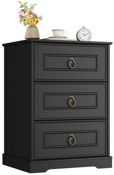 Homfa Nachttisch Nachtschrank Nachtkommode Nachtkonsole, mit 3 Schbuladen, Beistelltisch Landhausstil, 45,5x38x64cm, Schwarz